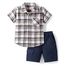 Babyhug Cotton Knit Half Sleeves Checkered Shirt & Shorts Set - Navy Blue