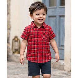 Babyhug Cotton Woven Half Sleeves Checkered Shirt & Shorts Set - Red & Navy Blue