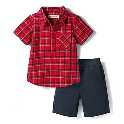 Babyhug Cotton Woven Half Sleeves Checkered Shirt & Shorts Set - Red & Navy Blue