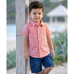 Babyhug Woven Half Sleeves Checkered Shirt & Denim Shorts Set - Peach