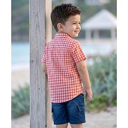 Babyhug Woven Half Sleeves Checkered Shirt & Denim Shorts Set - Peach