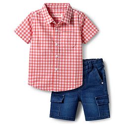 Babyhug Woven Half Sleeves Checkered Shirt & Denim Shorts Set - Peach