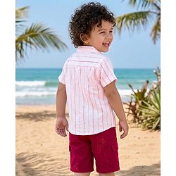 Babyhug Cotton Woven Half Sleeves Striped Shirt & Shorts Set - White & Maroon