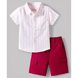 Babyhug Cotton Woven Half Sleeves Striped Shirt & Shorts Set - White & Maroon