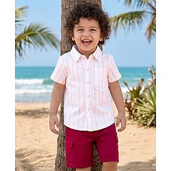 Babyhug Cotton Woven Half Sleeves Striped Shirt & Shorts Set - White & Maroon