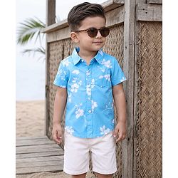 Babyhug Cotton Knit Half Sleeves Floral Printed Shirt & Shorts Set - Light Blue