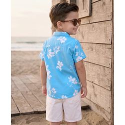Babyhug Cotton Knit Half Sleeves Floral Printed Shirt & Shorts Set - Light Blue
