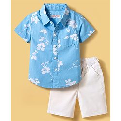 Babyhug Cotton Knit Half Sleeves Floral Printed Shirt & Shorts Set - Light Blue