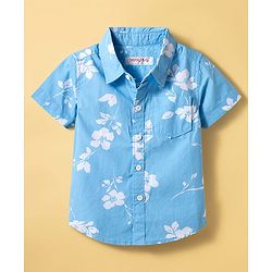 Babyhug Cotton Knit Half Sleeves Floral Printed Shirt & Shorts Set - Light Blue
