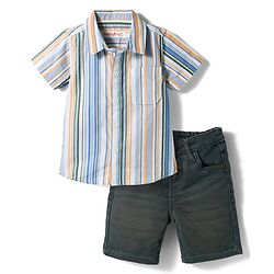 Babyhug Cotton Woven Half Sleeves Striped Shirt & Shorts Set- Multicolour