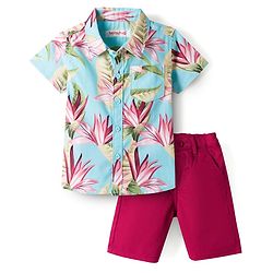 Babyhug Cotton Woven Half Sleeves Shirt & Shorts Set With Floral Print - Multicolor