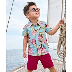 Babyhug Cotton Woven Half Sleeves Shirt & Shorts Set With Floral Print - Multicolor