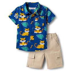 Babyhug Cotton Knit Half Sleeves Animal Printed Shirt & Shorts Set - Navy Blue & Beige