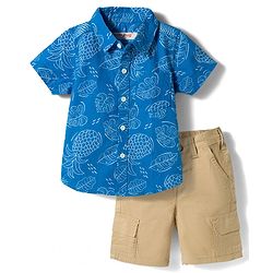 Babyhug Cotton Woven Half Sleeves Leaf Printed Shirt & Shorts Set - Beige & Blue