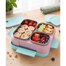 Babyhug 3 Compartment Insulated Lunch Box- Space Theme Navy Blue| 450 ml + 200 ml + 200 ml| BPA Free| Food Grade| Individual Air Tight Lids| School Lunch & Snack Box| Perfect for Travel - Blue