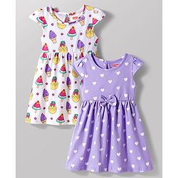 Babyhug 100% Cotton Knit Cap Sleeves Ice Cream & Hearts Printed Frocks Pack Of 2 - Multicolour
