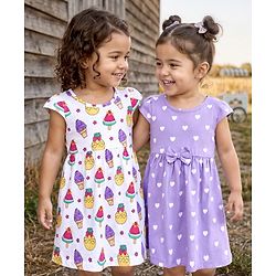 Babyhug 100% Cotton Knit Cap Sleeves Ice Cream & Hearts Printed Frocks Pack Of 2 - Multicolour