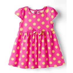 Babyhug Knitted Half Sleeves Floral Printed Frocks with Bow Applique Pack of 2 - Pink & Yellow