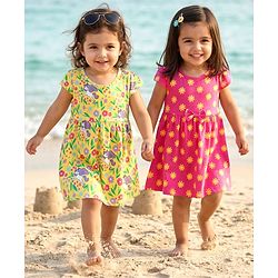 Babyhug Knitted Half Sleeves Floral Printed Frocks with Bow Applique Pack of 2 - Pink & Yellow