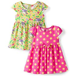 Babyhug Knitted Half Sleeves Floral Printed Frocks with Bow Applique Pack of 2 - Pink & Yellow