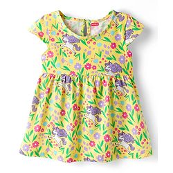 Babyhug Knitted Half Sleeves Floral Printed Frocks with Bow Applique Pack of 2 - Pink & Yellow