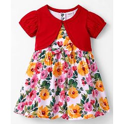 Babyhug Poplin Woven Frock & Half Sleeves Shrug with Floral Print - Multicolor