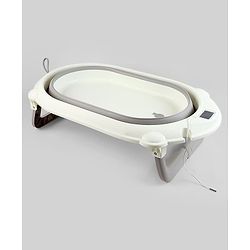 Babyhug Foldable Baby Bath Tub with Thermometer| Spacious Design| Anti-Slip Base| Drainage Plug| Temperature Gauge| Lightweight & Easy to Store| 0 to 24 Months - Grey