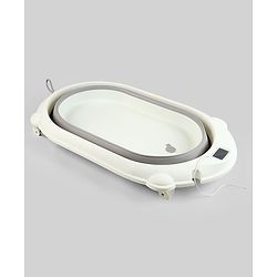 Babyhug Foldable Baby Bath Tub with Thermometer| Spacious Design| Anti-Slip Base| Drainage Plug| Temperature Gauge| Lightweight & Easy to Store| 0 to 24 Months - Grey