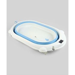 Babyhug Foldable Baby Bath Tub with Thermometer| Spacious Design| Anti-Slip Base| Drainage Plug| Temperature Gauge| Lightweight & Easy to Store| 0 to 24 Months - Grey