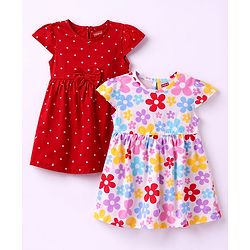 Babyhug Cotton Knit Frocks with Bow Detail Multi Color 6-9 Months