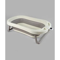 Babyhug Foldable Baby Bath Tub with Thermometer| Spacious Design| Anti-Slip Base| Drainage Plug| Temperature Gauge| Lightweight & Easy to Store| 0 to 24 Months - Grey