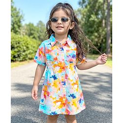 Babyhug Cotton Woven Half Sleeves Shirt Dress With Floral Print - Multicolor