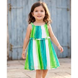 Babyhug Cotton Woven Sleeveless Striped A Line Frock - Green & Blue