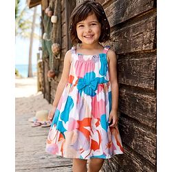 Babyhug Cotton Woven Flared Printed A Line Frock with Bow Applique - Blue & White