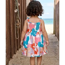 Babyhug Cotton Woven Flared Printed A Line Frock with Bow Applique - Blue & White