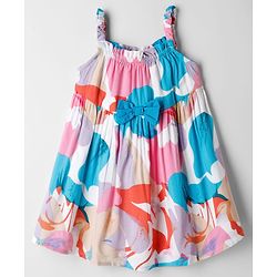 Babyhug Cotton Woven Flared Printed A Line Frock with Bow Applique - Blue & White