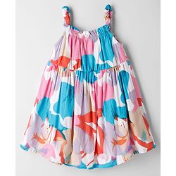 Babyhug Cotton Woven Flared Printed A Line Frock with Bow Applique - Blue & White