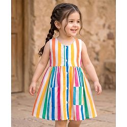 Babyhug 100% Cotton Woven Sleeveless Striped Frock - Multicolour