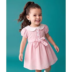 Babyhug Cotton Woven Dress with Short Sleeves and Bow Detail in Pink for 6-9 Months
