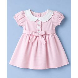 Babyhug Cotton Woven Dress with Short Sleeves and Bow Detail in Pink for 6-9 Months