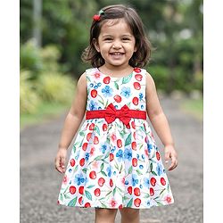 Babyhug Poplin Woven Sleeveless Frock With Floral Print & Bow Applique - White
