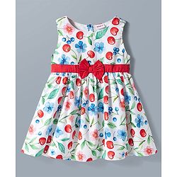 Babyhug Poplin Woven Sleeveless Frock With Floral Print & Bow Applique - White