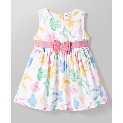 Babyhug Poplin Woven Sleeveless Frock With Bow Print & Applique - White