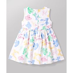 Babyhug Poplin Woven Sleeveless Frock With Bow Print & Applique - White