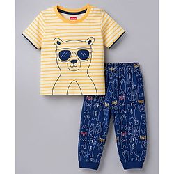 Babyhug Cotton Knit Half Sleeves Striped & Bear Printed T-Shirt & Pyjama Night Suit With Patch - Orange & Navy Blue