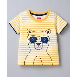 Babyhug Cotton Knit Half Sleeves Striped & Bear Printed T-Shirt & Pyjama Night Suit With Patch - Orange & Navy Blue