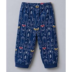 Babyhug Cotton Knit Half Sleeves Striped & Bear Printed T-Shirt & Pyjama Night Suit With Patch - Orange & Navy Blue