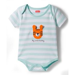 Babyhug 100% Cotton Knit Half Sleeves Striped Onesie with Tiger Patch - Multicolor