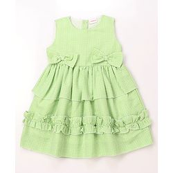 Babyhug Cotton Woven Sleeveless Checked Frock With Bow Applique - Light Green