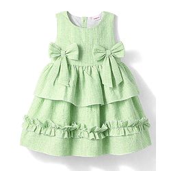Babyhug Cotton Woven Sleeveless Checked Frock With Bow Applique - Light Green